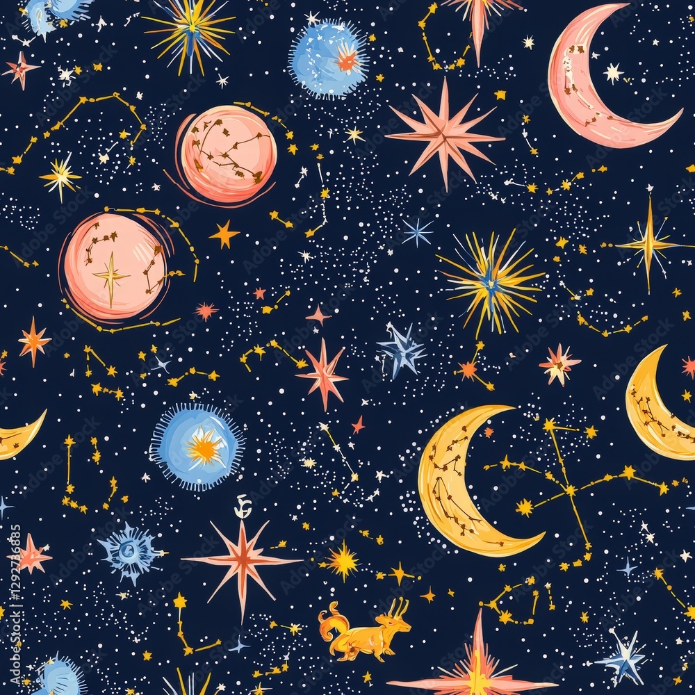 Poster captivating pattern of stars and moons creating a dreamy celestial landscape for imaginative design