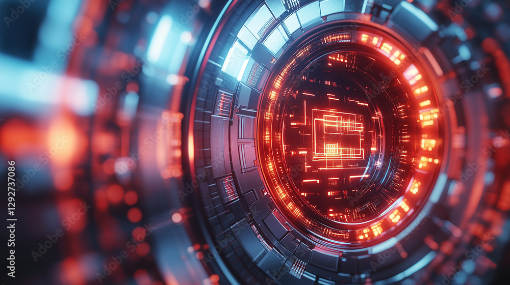 Poster close-up of a futuristic digital security system with a central glowing red ring. red led lights and