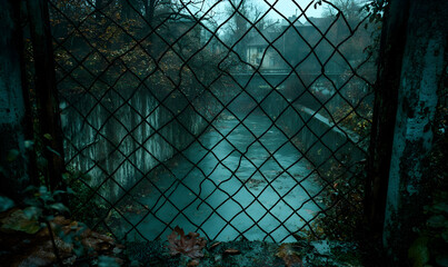 Moody autumnal scene viewed through a chain link fence, overlooking a tranquil canal reflecting a dreary sky.