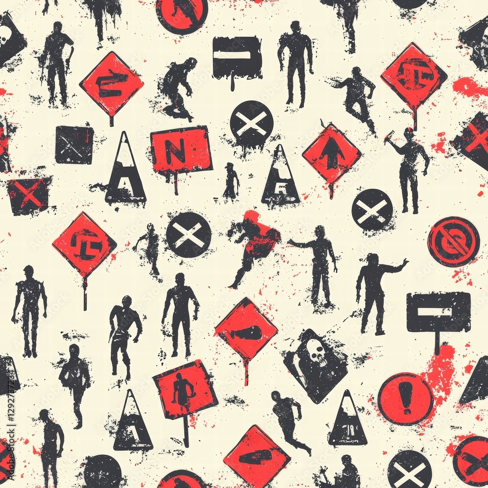 Poster a seamless pattern featuring an array of red and black signs creating a bold visual impact