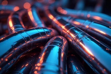 Gleaming chrome pipes reflect light, intricate details visible , machinery, industry
