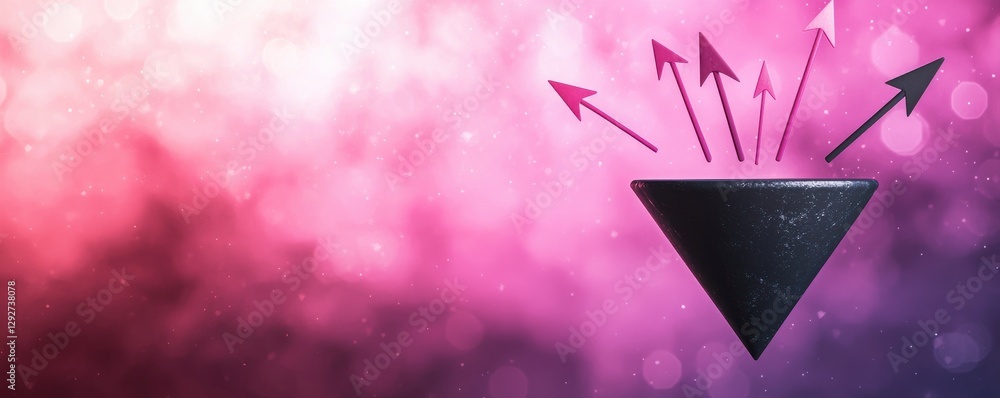 Poster a dynamic design featuring a black triangle with arrows emerging from it, set against a vibrant pink