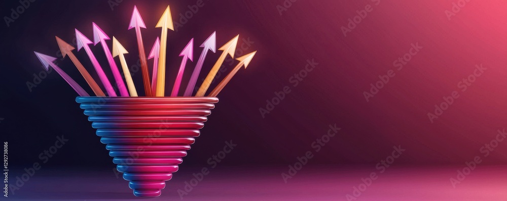 Poster a colorful, abstract design featuring arrows emerging from a funnel, symbolizing growth, direction, 