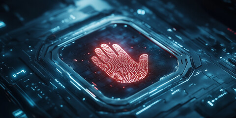 Glowing handprint on futuristic, textured surface.