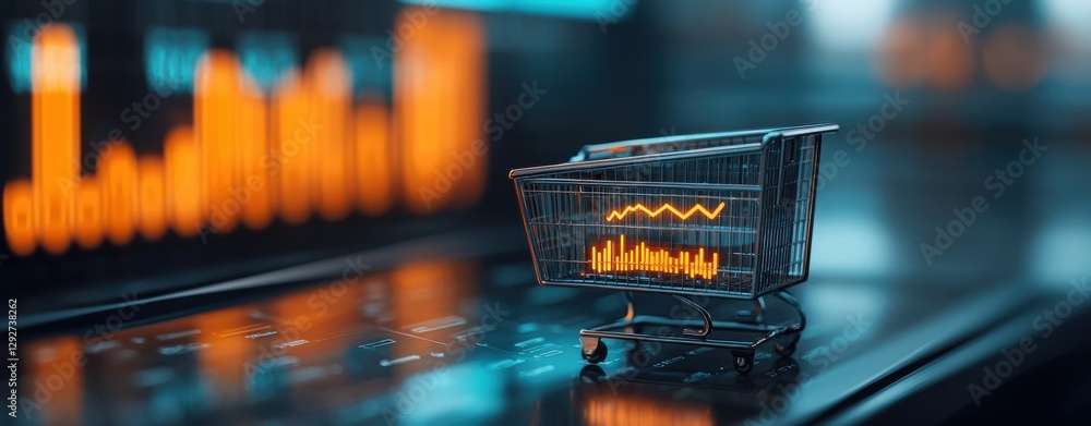 Poster a transparent shopping cart sits on a reflective surface, with vibrant orange data graphs in the bac