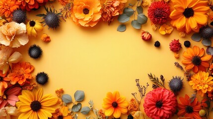 Autumn flowers frame on yellow background, copy space for fall greetings