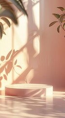 a plant and a platform in the cream room, suitable for photo product background