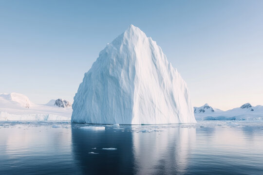 Towering iceberg floating on calm Arctic waters reflecting the sky