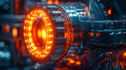 Metal gear against a background of textured dark blocks.Red-orange light glows from behind the gear. Feels industrial, mechanical in nature.