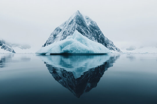 Towering iceberg reflecting on still Arctic waters with misty mountains in the background