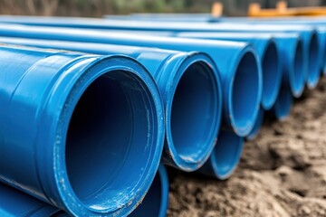 Unpacked large blue PVC water pipes at a construction site for installation repair or drainage work