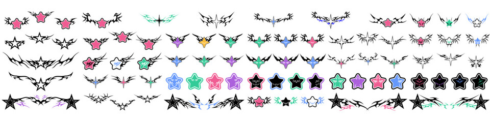 Star Shape with Neo tribal y2k gothic style tattoo Cyber sigilism spikes and sparks for streetwear print designs, spiky y2k aesthetic vector set	