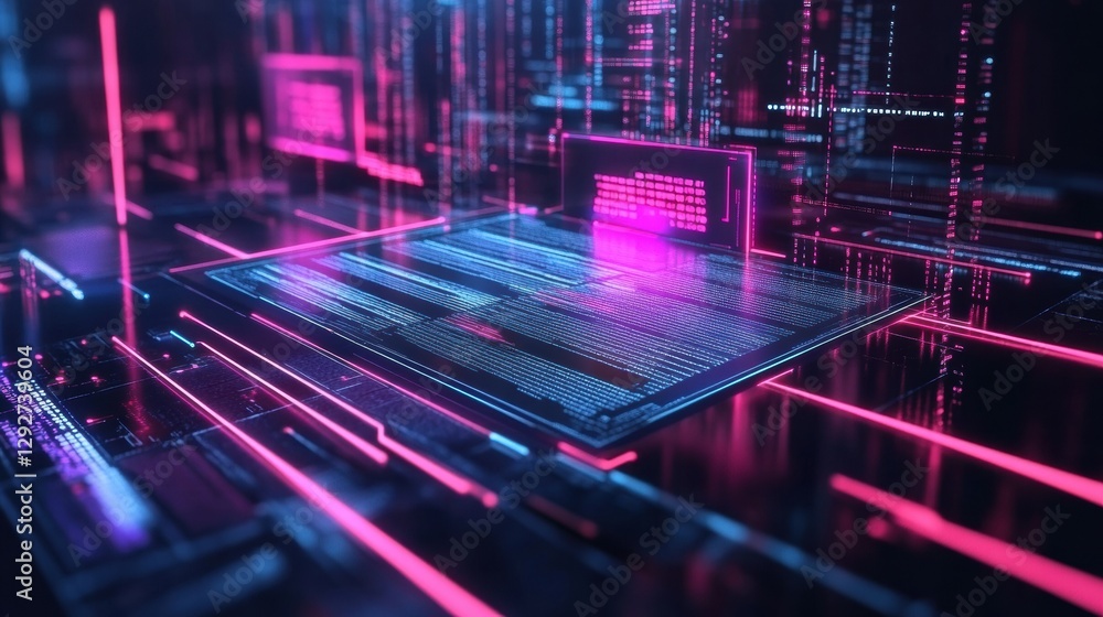 Aufkleber digital landscape showcasing vibrant neon data flows and screens in a futuristic city environment. g
