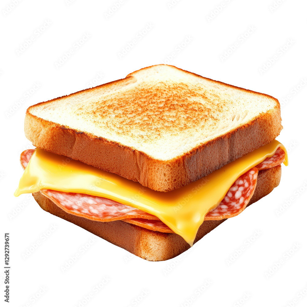 Poster deliciously layered sandwich with cheese and ham on fresh bread served with crisp lettuce and tomato