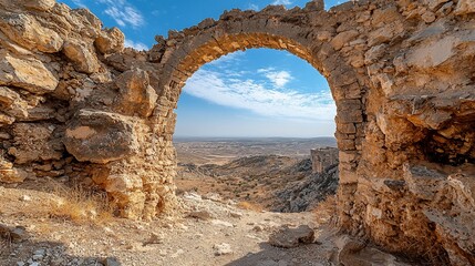 Ancient stone archway in ruins overlooking a vast, arid landscape under a bright, sunny sky.