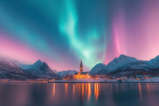Northern lights above a church in a snowy mountain village reflecting in water