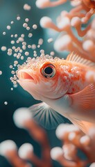 A vibrant goldfish surrounded by bubbles and coral in an underwater scene.