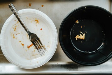 Used white plate and black bowl with fork on a tray after a quick meal