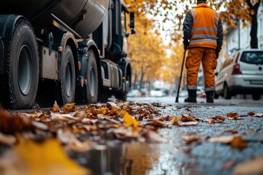 Using a large vacuum truck to clear leaves and debris from drainage pipes An unidentified worker clears street drains