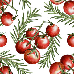 Watercolor seamless pattern with cherry tomato branches and rosemary. Natural background for packaging, textiles, and culinary projects.