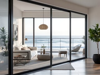 Modern coastal living room with floor-to-ceiling windows offering a stunning ocean view, perfect for luxury real estate, vacation homes, relaxation, and interior design.