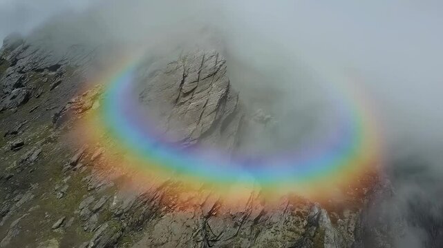 A rare circular rainbow appears in the misty mountains, creating a surreal and colorful natural phenomenon against the rugged rock formations.