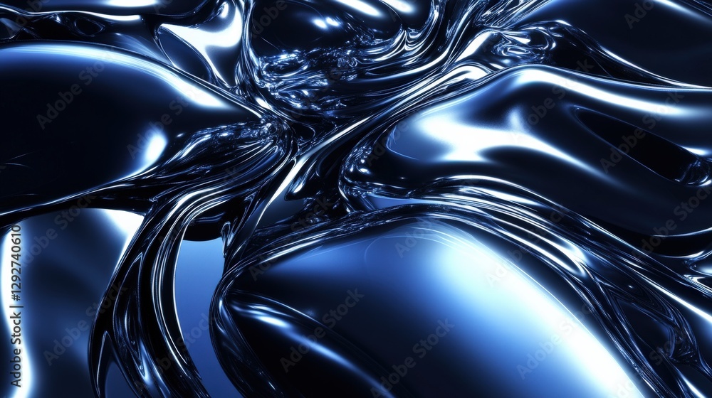 Poster abstract blue liquid surface with smooth waves reflecting light, creating a dynamic visual effect