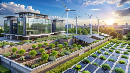 Obraz premium Sustainable Urban Development Eco-Friendly Office Building with Rooftop Gardens and Renewable Energy Sources