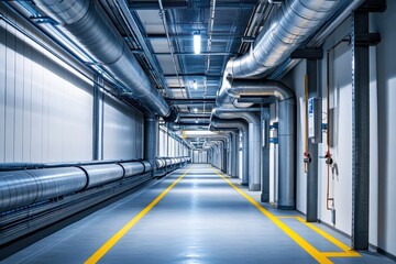 Fototapeta premium Vacant subterranean passage featuring drainage metal pipes for water and gas and overhead electrical lines