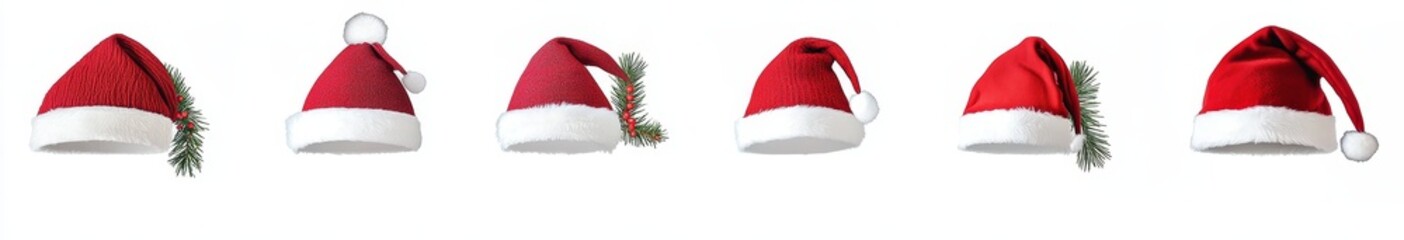Six Santa Hats, 3D Render, Christmas Concept, Festive Composition, White Background, Holiday Decor, Red and White