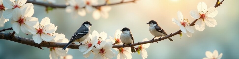 Obraz premium Tiny sparrows among delicate white cherry blossoms , flowers, small, bird