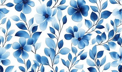 Fototapeta premium Seamless Watercolor Floral Pattern Blue Flowers and Leaves, White Background, Botanical Illustration, Textile Design, Indigo Watercolor Floral Pattern, Watercolor Design