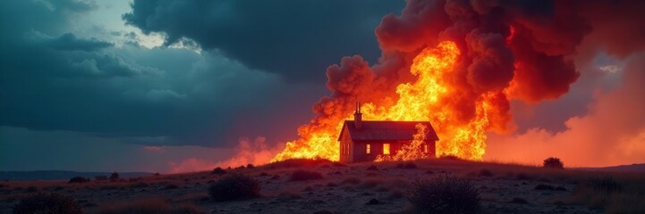 Fiery inferno engulfs structure under stormy sky , threatening, scary