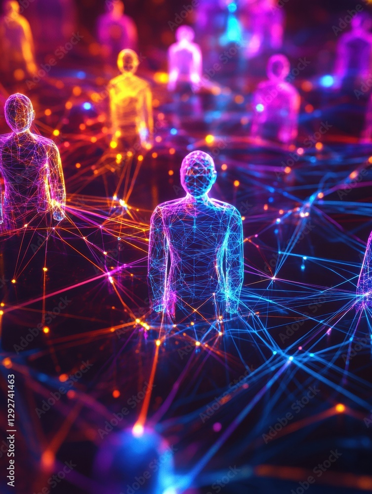 Poster Futuristic digital network visualization featuring colorful 3D avatars connected by glowing neon lines. Generative AI