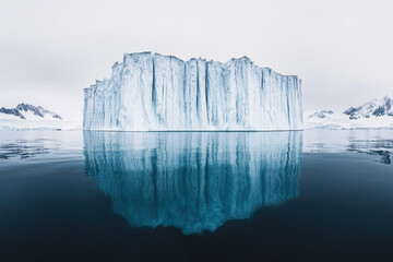 Massive iceberg wall reflecting in Arctic waters under an overcast sky