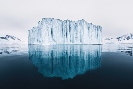 Massive iceberg wall reflecting in Arctic waters under an overcast sky