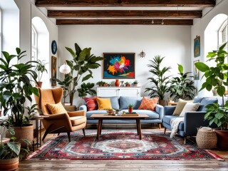 Cozy bohemian living room with lush indoor plants, vintage furniture, warm lighting, and eclectic decor, ideal for home design, interior styling, relaxation, and hygge lifestyle.
