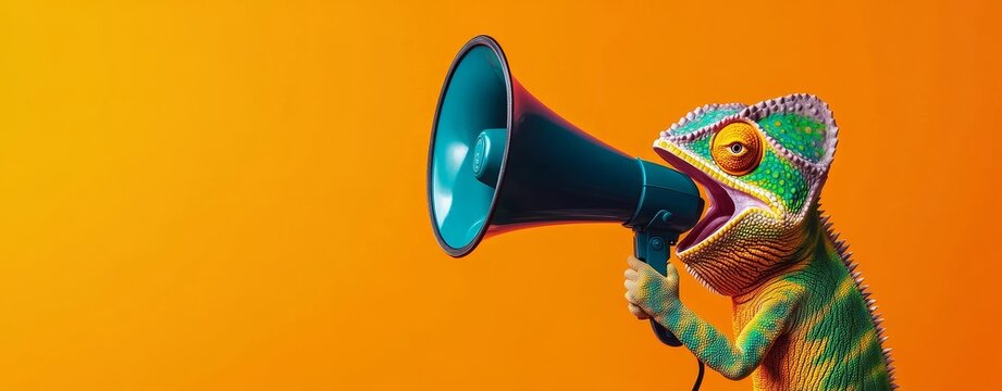 Chameleon with Megaphone 3D Render, Orange Background, Announcement Concept, Marketing, Advertising Marketing, Advertising
