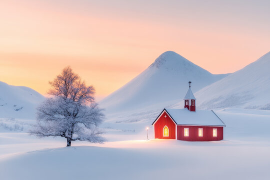 Red church in a snowy mountain landscape illuminated by warm light at sunrise