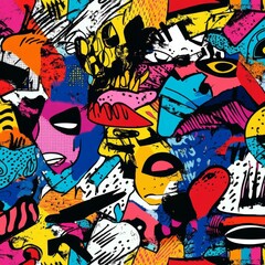 Obraz premium Abstract Pop Art Collage Vibrant, Grunge Texture, Mixed Media, Colorful Characters, Urban Street Art, Pop Surrealism Pop Art, Street Art