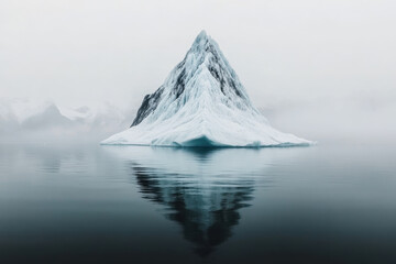 Mysterious iceberg floating in calm waters under a foggy Arctic sky