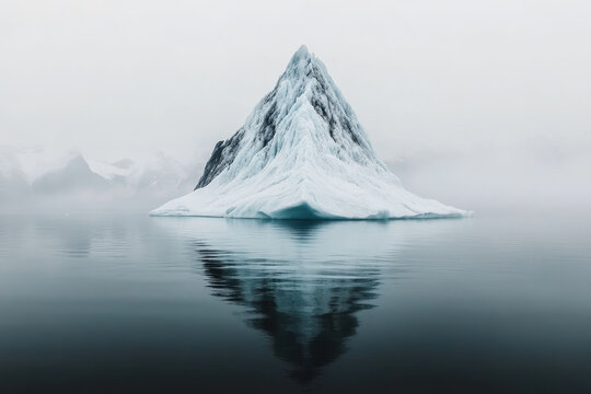 Mysterious iceberg floating in calm waters under a foggy Arctic sky