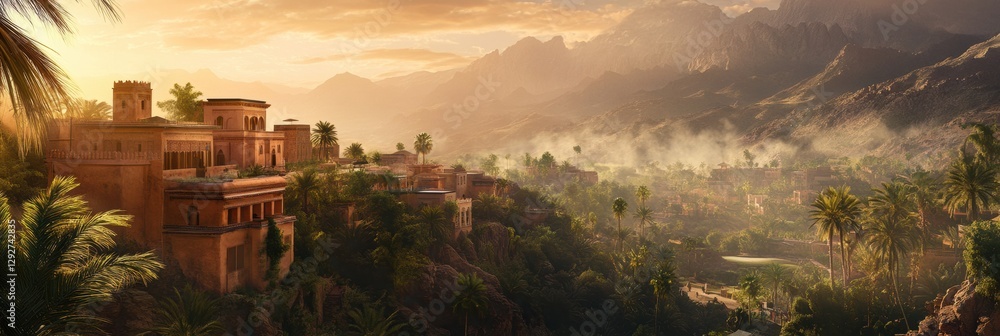 Poster Stunning sunset over a serene valley with ancient structures and palm trees. Generative AI