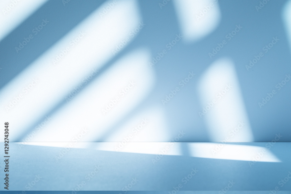 Poster Wall interior background, studio and backdrops show products. with soft light shadow from window color blue and white. background for text insertion and presentation of product	
