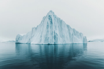 Towering iceberg in icy waters with a dramatic frozen landscape in the background