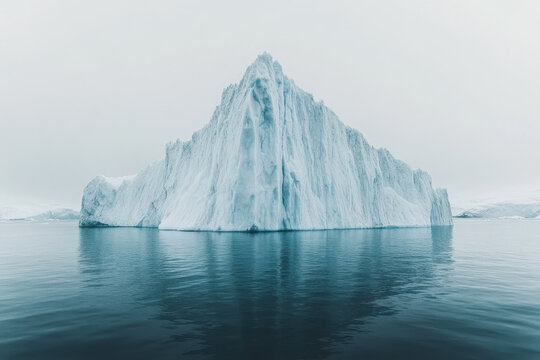 Towering iceberg in icy waters with a dramatic frozen landscape in the background