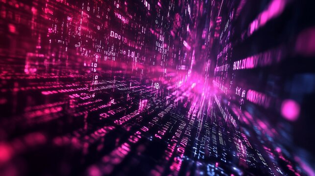 Abstract digital tunnel of glowing binary code.