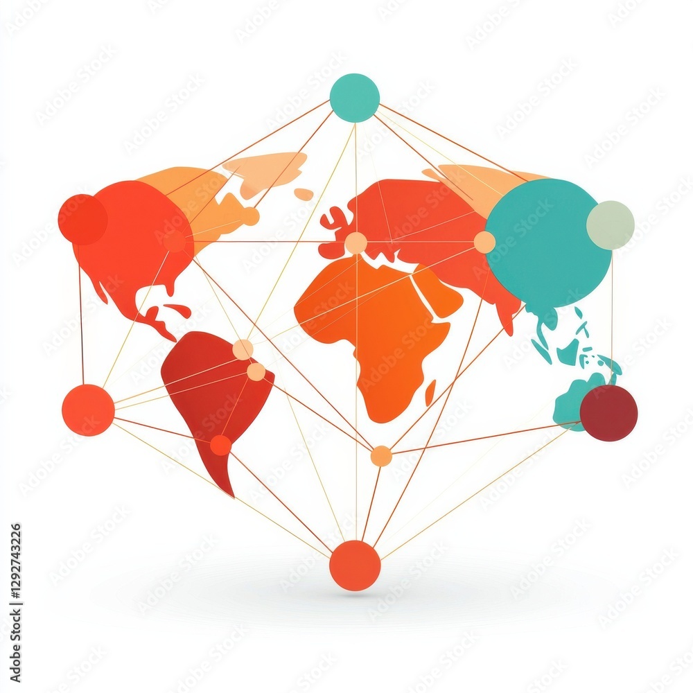 Poster a colorful, abstract world map connected by lines, symbolizing global connectivity and communication