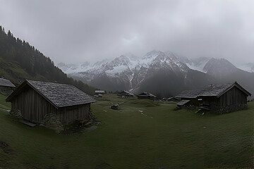 Serene mountain village nestled amidst snow-capped peaks on an overcast day. Rustic wooden cabins, green pastures, and dramatic alpine scenery.