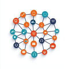 Fototapeta premium A colorful network diagram illustrating interconnected digital icons representing e-commerce and communication technologies.